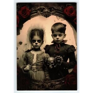 Vintage Halloween Postcard Gothic Children with Skull & Red Roses